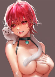 Rule 34 | 1girl, animal, breasts, choker, convenient censoring, covering privates, covering breasts, dated, ddongu, female focus, gem, jewelry, large breasts, lips, looking at viewer, open mouth, original, pendant, red eyes, red hair, short hair, simple background, smile, solo, tail censor, topless, topless frame, underboob, upper body, weasel
