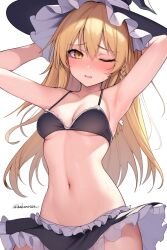 Rule 34 | 1girl, adapted costume, armpits, arms behind head, arms up, artist name, bikini, black bikini, black hat, blonde hair, blush, braid, breasts, commentary, frilled bikini, frills, hakunetsu denkyu~, hat, highres, kirisame marisa, long hair, looking at viewer, midriff, navel, one eye closed, revision, simple background, single braid, small breasts, solo, stomach, sweat, swimsuit, touhou, twitter username, underboob, upper body, very long hair, white background, witch hat, yellow eyes