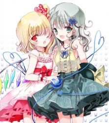 Rule 34 | 2girls, :d, ;o, adapted costume, alternate costume, alternate hairstyle, bad id, bad twitter id, blonde hair, bow, rabbit, cierra (ra-bit), crescent, crystal, dress, eyeball, fang, flandre scarlet, floral print, frilled dress, frilled skirt, frills, green eyes, green hair, hair bow, hair ornament, hat, unworn hat, unworn headwear, heart, heart of string, jewelry, komeiji koishi, looking at viewer, multiple girls, necklace, no headwear, no headwear, off shoulder, one eye closed, open mouth, pink dress, polka dot, ponytail, red eyes, ribbon, sash, shirt, short hair, side ponytail, skirt, sleeveless, smile, star (symbol), string, third eye, touhou, white background, wings, wrist cuffs