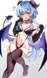 Rule 34 | 1girl, absurdres, ahoge, alternate costume, bare shoulders, black choker, black garter straps, black one-piece swimsuit, black tail, black thighhighs, blue hair, blush, bow, breasts, breasts apart, choker, commentary, cross, demon girl, demon tail, demon wings, elbow gloves, embarrassed, english commentary, feet, foot out of frame, ganyu (genshin impact), garter straps, genshin impact, gloves, goat horns, gradient eyes, groin, halloween costume, hands up, heart, heart o-ring, highres, holding, holding hair, horns, long hair, looking at viewer, medium breasts, multicolored eyes, navel, no shoes, one-piece swimsuit, parted lips, pendant choker, pubic tattoo, purple eyes, purple wings, raised eyebrows, revision, see-through, see-through legwear, sidelocks, simple background, skindentation, slingshot swimsuit, solo, stomach, swimsuit, tail, tail bow, tail ornament, tail raised, tattoo, thighhighs, white background, wings, yuniiho