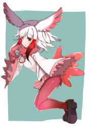 Rule 34 | 10s, 1girl, bad id, bad pixiv id, bird tail, black footwear, brown hair, frilled sleeves, frills, gloves, hand to own mouth, head wings, highres, japanese crested ibis (kemono friends), kemono friends, long hair, long sleeves, multicolored hair, pantyhose, red gloves, red hair, red pantyhose, shoes, simple background, skirt, solo, tail, teranekosu, white hair, wide sleeves, wings, yellow eyes
