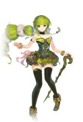Rule 34 | 1girl, artist request, bare shoulders, black thighhighs, bow, breasts, choker, cleavage, closed mouth, full body, green eyes, green hair, hair ribbon, long hair, looking at viewer, multi-tied hair, official art, ponytail, ribbon, saga, saga frontier 2, simple background, skirt, smile, solo, thighhighs, transparent background, very long hair, virginia knights, weapon, white background