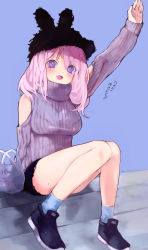Rule 34 | 1girl, :d, absurdres, arm up, bag, black footwear, black hat, blue background, blue eyes, blue socks, blush, breasts, clothing cutout, fang, hat, highres, large breasts, looking at viewer, mole, mole on thigh, open mouth, original, pink hair, purple eyes, ribbed sweater, shoes, shopping bag, short shorts, shorts, shoulder cutout, sitting, smile, socks, solo, sweater, thighs, turtleneck, yukari (rihenara doll)