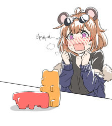 Rule 34 | 1girl, all fours, animal ears, antenna hair, bear ears, blush, brown hair, choker, commentary request, doggystyle, dulldull, embarrassed, fur trim, girls&#039; frontline, grizzly mkv (girls&#039; frontline), gummy bear, heavy breathing, jacket, off shoulder, open mouth, purple eyes, sex, sex from behind, sexually suggestive, shirt, short hair, sunglasses, sunglasses on head, t-shirt, translation request