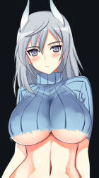 Rule 34 | 1girl, aurora e. juutilainen, blush, breasts, covered erect nipples, grey hair, kyogoku shin, large breasts, navel, purple eyes, ribbed sweater, smile, solo, strike witches, strike witches: aurora no majo, sweater, torn clothes, turtleneck, underboob, world witches series