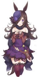 Rule 34 | 1girl, bare shoulders, blue hat, brown hair, cropped legs, dagger, dress, flower, hair over one eye, hands up, hat, hat flower, knife, long hair, long sleeves, looking at viewer, off-shoulder dress, off shoulder, open mouth, own hands together, purple dress, purple eyes, purple flower, purple rose, red thighhighs, rice shower (umamusume), rose, ryo (tg290), simple background, sleeves past wrists, solo, thighhighs, tilted headwear, umamusume, very long hair, weapon, white background