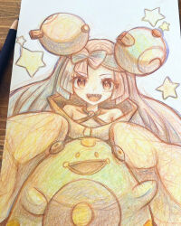 Rule 34 | 1girl, art tools in frame, bare shoulders, bellibolt, blue hair, bow-shaped hair, coat, collarbone, colored pencil (medium), creatures (company), female focus, game freak, gen 1 pokemon, hair ornament, hands up, happy, iono (pokemon), long hair, looking at viewer, magnemite, multicolored hair, nintendo, open mouth, pencil, photo (medium), pink hair, pokemon, pokemon (creature), pokemon sv, red eyes, sharp teeth, sidelocks, sleeves past fingers, sleeves past wrists, smile, star (symbol), starry background, straight-on, teeth, tensaitou tou, traditional media, two-tone hair, white background, yellow coat