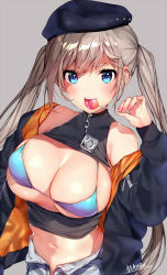 Rule 34 | 1girl, bare shoulders, beret, bikini, bikini top only, black jacket, blue bikini, blue eyes, blush, breasts, candy, cleavage, clothes lift, clothes pull, commentary request, crop top, ear piercing, earrings, eating, food, grey background, grey hair, hand up, hat, holding, holding food, jacket, jewelry, large breasts, licking, lollipop, long hair, long sleeves, looking at viewer, mataro (matarou), micro bikini, micro bikini top, nail polish, navel, off shoulder, open clothes, open fly, open jacket, open mouth, original, piercing, shiny skin, shirt lift, signature, simple background, solo, stomach, stud earrings, swimsuit, teeth, tongue, tongue out, twintails, unbuttoned, upper body, upper teeth only, v-shaped eyebrows, very long hair