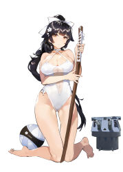 Rule 34 | 1girl, alternate costume, azur lane, ball, barefoot, beachball, black hair, bokken, bow, breasts, brown eyes, choker, cleavage, criss-cross halter, flower, full body, gluteal fold, hair bow, hair flower, hair ornament, halterneck, highres, kishiyo, kneeling, large breasts, long hair, looking away, navel, official art, one-piece swimsuit, ponytail, see-through, simple background, solo, swimsuit, sword, takao (azur lane), takao (beach rhapsody) (azur lane), very long hair, weapon, white background, white one-piece swimsuit, wooden sword