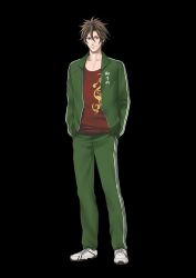 Rule 34 | 10s, 1boy, alternate costume, brown eyes, brown hair, character name, full body, hands in pockets, highres, jacket, light smile, looking at viewer, male focus, minato (robin), official art, open clothes, open jacket, otegine, pants, shoes, short hair, solo, standing, touken ranbu, track jacket, track pants, transparent background