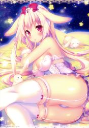 Rule 34 | 1girl, absurdres, animal ears, ass, bow, breasts, rabbit, rabbit ears, cleavage, dated, finger to mouth, fishnets, garter straps, hair bow, highres, index finger raised, large breasts, long hair, lying, on side, original, panties, parted lips, pink eyes, red bow, riichu, scan, solo, tail, thighhighs, thong, translation request, underwear, white hair, white panties
