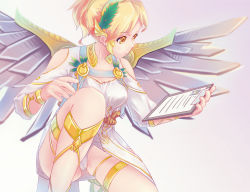 Rule 34 | 1girl, absurdres, alternate hair color, ancient greek clothes, blonde hair, breasts, brown eyes, cai yuan, clipboard, cowboy shot, dress, head wreath, high ponytail, highres, laurel crown, leg up, looking at clipboard, md5 mismatch, mechanical wings, medium breasts, mercy (overwatch), official alternate costume, overwatch, overwatch 1, panties, pantyshot, peplos, resolution mismatch, short sleeves, sketch, solo, source smaller, toga, underwear, white dress, white panties, winged victory mercy, wings
