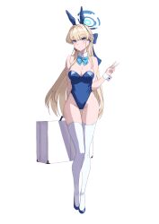 Rule 34 | 1girl, absurdres, animal ears, arm behind back, bare shoulders, blonde hair, blue archive, blue hairband, blue leotard, bow, bowtie, breasts, briefcase, closed mouth, detached collar, earpiece, fake animal ears, full body, groin, hairband, halo, hand up, high heels, highleg, highleg leotard, highres, holding, holding briefcase, leotard, long hair, medium breasts, microphone, playboy bunny, rabbit ears, solo, standing, td (tandeom97), thigh gap, thighhighs, thighs, toki (blue archive), toki (bunny) (blue archive), v, very long hair, white thighhighs, wide hips