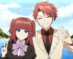 Rule 34 | 1boy, 1girl, black jacket, black necktie, blue eyes, blue sky, blunt bangs, bow, breasts, brother and sister, closed mouth, cloud, formal, hair bobbles, hair ornament, jacket, large breasts, lix (iroiro3843), long hair, looking at viewer, necktie, ocean, outdoors, pink bow, red hair, red shirt, shirt, short hair, short twintails, siblings, sidelocks, sky, smile, suit, twintails, umineko no naku koro ni, ushiromiya ange, ushiromiya battler, v, white shirt, white suit