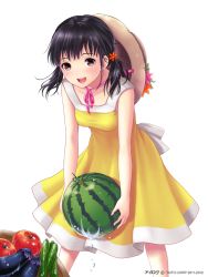 Rule 34 | 1girl, :d, akiyama minaki, black hair, carrying, cucumber, dress, eggplant, food, fruit, hair ornament, hat, hat on back, ilog, looking at viewer, occhan (11715), official art, open mouth, simple background, smile, solo, straw hat, tomato, twintails, unworn hat, unworn headwear, watermelon, white background, yellow dress