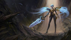 Rule 34 | 1girl, armor, blue eyes, blue hair, chuby mi, covered navel, feathers, glowing, glowing eyes, high heels, highres, holding, holding sword, holding weapon, indoors, league of legends, riven (league of legends), solo, standing, sword, transparent, weapon, wings