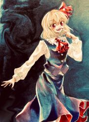 Rule 34 | 1girl, ascot, black skirt, black vest, blonde hair, commentary request, ghmfly8 (mitou), hair ribbon, highres, long sleeves, looking at viewer, open mouth, red ascot, red eyes, red ribbon, ribbon, rumia, shirt, short hair, skirt, solo, touhou, traditional media, vest, white shirt