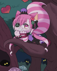 Rule 34 | artist request, cat, cat busters, cheshire (cat busters), eyepatch, forest, furry, glowing, glowing eyes, grin, hat, in tree, mini hat, nature, night, pink hair, smile, tree