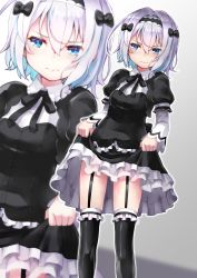 Rule 34 | 10s, 1girl, black bow, black dress, black hairband, black thighhighs, blue eyes, blush, bow, breasts, closed mouth, commentary request, dress, frilled thighhighs, frills, garter straps, gothic lolita, hair between eyes, hair bow, hairband, highres, layered sleeves, lifting own clothes, lolita fashion, long sleeves, looking away, looking to the side, medium breasts, puffy short sleeves, puffy sleeves, rin2008, ryuuou no oshigoto!, short over long sleeves, short sleeves, silver hair, skirt hold, solo, sora ginko, thighhighs, v-shaped eyebrows, wide sleeves, zoom layer
