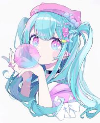 Rule 34 | 1girl, blue eyes, blue hair, blush, braid, chewing gum, chon (chon33v), ear piercing, half updo, highres, long hair, looking at viewer, multicolored eyes, multicolored hair, original, piercing, pink eyes, pink hair, solo, twintails, white background