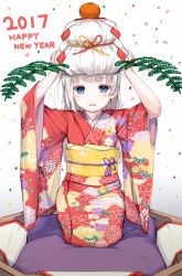 Rule 34 | 1girl, 2017, absurdly long hair, absurdres, blue eyes, blush, floral print, folded hair, food, food on head, fruit, furisode, happy new year, highres, japanese clothes, katoroku, kimono, kneeling, long hair, looking at viewer, mandarin orange, new year, obi, object on head, original, parted lips, pillow, red kimono, sash, shide, sitting, smile, solo, very long hair, white background, white hair