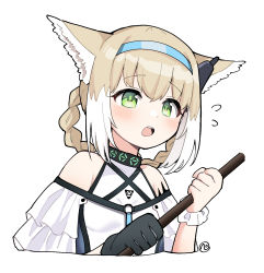 Rule 34 | 1girl, :o, animal ear fluff, animal ears, arknights, bare shoulders, black gloves, blue hairband, blush, braided hair rings, breasts, brown hair, commentary request, cropped torso, flying sweatdrops, gloves, green eyes, hair between eyes, hairband, highres, holding, infection monitor (arknights), junsuina fujunbutsu, looking away, multicolored hair, open mouth, simple background, single glove, single wrist cuff, small breasts, solo, suzuran (arknights), teeth, two-tone hair, upper body, upper teeth only, white background, white hair, wrist cuffs