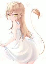 1girl absurdres animal_ears breasts brown_hair clothes_lift dress dress_lift extra_ears grin highres indie_virtual_youtuber lifting_own_clothes lion_ears lion_girl lion_tail long_hair looking_at_viewer mia_(mk2022) rurudo_lion see-through_silhouette small_breasts smile tail teasing virtual_youtuber white_dress yellow_eyes