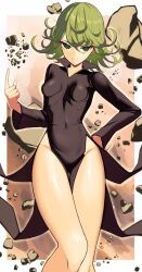 Rule 34 | 1girl, black dress, breasts, closed mouth, commentary, covered navel, cowboy shot, dress, floating, floating object, green eyes, green hair, groin, hand on own hip, highres, index finger raised, nuneno, one-punch man, pelvic curtain, rock, rubble, short hair, side slit, small breasts, smile, solo, tatsumaki, taut clothes, taut dress, telekinesis, thighs, wide hips