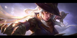 Rule 34 | 1girl, ashe (league of legends), black border, border, brown hat, closed mouth, cloud, cloudy sky, commentary, cowboy hat, english commentary, english text, floating hair, gloves, glowing, glowing eyes, hat, high noon ashe, highres, league of legends, light, long hair, looking at viewer, metal gloves, nose, official alternate costume, outdoors, outstretched arm, sky, solo, upper body, white hair, yc jun, yellow eyes