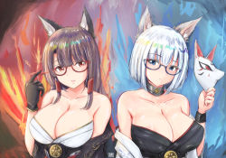 Rule 34 | absurdres, akagi (azur lane), animal ears, areola slip, azur lane, bare shoulders, bespectacled, black gloves, black hair, blue eyes, blunt bangs, bracelet, breasts, cleavage, collarbone, commentary request, eyes visible through hair, fox ears, fox mask, glasses, gloves, hair tubes, highres, holding, holding mask, holding paper, holding paper airplane, jewelry, kaga (azur lane), large breasts, long hair, looking at another, mask, off shoulder, paper, parted lips, red eyes, semi-rimless eyewear, sidelocks, tong shui, white hair