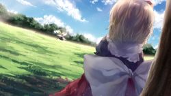 Rule 34 | 1girl, bellflower, blonde hair, blue sky, bow, cloud, day, dqn (dqnww), fairy, fairy wings, female focus, flower, flying, grass, highres, lily of the valley, medicine melancholy, mini person, minigirl, outdoors, sash, shadow, shirt, sitting, skirt, sky, solo, su-san, touhou, tree, wings