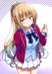 Rule 34 | 1girl, arm behind back, arm up, blonde hair, blue eyes, blue ribbon, blush, embarrassed, gradient hair, holding jewelry, holding necklace, jacket, karuizawa kei, long hair, looking at viewer, lowres, miniskirt, multicolored hair, necklace, open mouth, red jacket, ribbon, scrunchie, shirt, simple background, skirt, sweatdrop, two-tone hair, very long hair, white background, white shirt, white skirt, youkoso jitsuryoku shijou shugi no kyoushitsu e