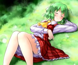 Rule 34 | 1girl, aka tawashi, arm up, ascot, black panties, blush, breasts, closed eyes, clothes lift, commentary request, from above, grass, green hair, hair between eyes, highres, kazami yuuka, knees up, light particles, long sleeves, lying, medium breasts, miniskirt, on back, outdoors, panties, pantyshot, petticoat, plaid, plaid skirt, plaid vest, red skirt, red vest, shadow, shirt, short hair, skirt, sleeping, solo, thighs, touhou, underwear, vest, white shirt, wing collar, yellow ascot