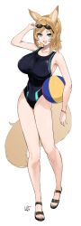Rule 34 | 1girl, absurdres, alternate costume, animal ear fluff, animal ears, arknights, ball, beachball, black footwear, black one-piece swimsuit, blonde hair, blue eyes, bracelet, breasts, commentary request, competition swimsuit, full body, goggles, highres, holding, holding ball, holding beachball, horse ears, horse girl, horse tail, jewelry, kajuu, large breasts, long hair, looking at viewer, one-piece swimsuit, open mouth, signature, simple background, solo, standing, swept bangs, swimsuit, tail, toeless footwear, whislash (arknights), white background