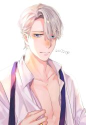 Rule 34 | 10s, 1boy, 2017, bad id, bad pixiv id, blue eyes, collarbone, highres, jewelry, looking at viewer, male focus, parted lips, ring, silver hair, simple background, smile, solo, upper body, viktor nikiforov, white background, yizhiwo, yuri!!! on ice