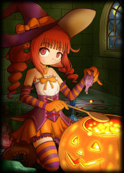 Rule 34 | 1girl, alternate hairstyle, bare shoulders, blush, boots, bow, brown hair, drill hair, earrings, elbow gloves, gloves, halloween, hat, hat bow, highres, idolmaster, idolmaster (classic), jack-o&#039;-lantern, jewelry, kneeling, long hair, looking at viewer, pumpkin, red eyes, smile, solo, striped clothes, striped gloves, striped thighhighs, takatsuki yayoi, thighhighs, twintails, witch hat, yuutousei