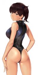 Rule 34 | 1girl, ass, back, bare shoulders, black one-piece swimsuit, breasts, brown eyes, brown hair, closed mouth, competition swimsuit, hair between eyes, highleg, highleg swimsuit, kaga (kancolle), kantai collection, large breasts, leotard, looking at viewer, looking back, medium hair, one-piece swimsuit, one-piece thong, revision, side ponytail, simple background, solo, swimsuit, thighs, thong leotard, wa (genryusui), white background