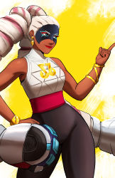 Rule 34 | 1girl, absurdres, arms (game), bare shoulders, black pants, blue eyes, breasts, dark-skinned female, dark skin, domino mask, drill hair, hand on own hip, highres, lipstick, long hair, makeup, mask, naavs, pants, pink hair, sleeveless, solo, twintails, twintelle (arms), very long hair, white hair