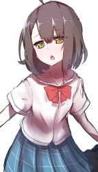 Rule 34 | 1girl, absurdres, ahoge, bad id, bad twitter id, blue skirt, blush, bow, brown hair, chestnut mouth, collarbone, commentary request, green eyes, hair between eyes, head tilt, highres, looking at viewer, original, parted lips, pleated skirt, red bow, sailor collar, school uniform, serafuku, shirt, short sleeves, simple background, skirt, solo, wada kazu, white background, white sailor collar, white shirt