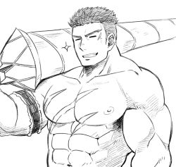 Rule 34 | 1boy, abs, armband, bara, caladbolg (fate), closed eyes, ezaki papiko, fate/grand order, fate (series), fergus mac roich (fate), greyscale, highres, large pectorals, looking at viewer, male focus, monochrome, muscular, navel, nipples, pectorals, scar, sketch, smile, solo, sparkle, upper body