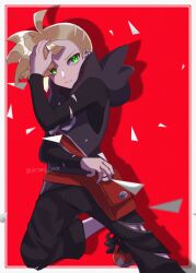 Rule 34 | 1boy, ahoge, arm up, aroma 0404, black pants, black shirt, blonde hair, border, commentary request, creatures (company), ear piercing, fanny pack, game freak, gladion (pokemon), green eyes, grey vest, highres, holding, holding poke ball, hood, hooded vest, hoodie, leg up, male focus, nintendo, pants, parted lips, piercing, poke ball, pokemon, pokemon sm, premier ball, red background, red bag, red footwear, shirt, shoes, short hair, solo, tassel, torn clothes, torn pants, torn shirt, vest, white border