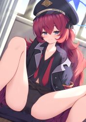 Rule 34 | 1girl, armband, black eyes, black hat, black jacket, black panties, black shirt, black skirt, blue archive, blush, cameltoe, closed mouth, collarbone, commission, feet out of frame, halo, hat, highres, indoors, iroha (blue archive), jacket, long hair, long sleeves, looking at viewer, miso (misomiso 154), necktie, off shoulder, panties, peaked cap, red necktie, shirt, sitting, skeb commission, skirt, smile, solo, spread legs, sunlight, thighs, underwear, very long hair, window