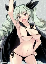Rule 34 | 10s, 1girl, :d, anchovy (girls und panzer), arm up, armpits, artist name, bikini, black bikini, black cape, black ribbon, blush, breasts, brown eyes, cape, cleavage, collarbone, contrapposto, covered erect nipples, drill hair, gin&#039;ichi (akacia), girls und panzer, gluteal fold, green hair, grey background, hair ribbon, hand on own hip, large breasts, long hair, looking at viewer, micro bikini, navel, o-ring, o-ring bikini, o-ring bottom, o-ring top, open mouth, ribbon, shiny skin, side-tie bikini bottom, simple background, smile, solo, standing, stomach, sweat, sweatdrop, swimsuit, twin drills, twintails, underboob, very long hair, wet