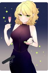 Rule 34 | 1girl, alternate costume, black dress, blonde hair, blush, bracelet, breasts, champagne flute, closed mouth, commentary request, commission, cowboy shot, cup, dress, drinking glass, green eyes, green nails, highres, holding, holding cup, jewelry, looking at viewer, medium breasts, medium hair, mizuhashi parsee, nail polish, necono (nyu6poko), pointy ears, skeb commission, sleeveless, sleeveless dress, smile, solo, touhou
