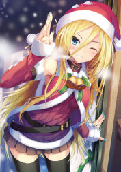 Rule 34 | 1girl, bell, black thighhighs, blonde hair, blue eyes, blue nails, breath, christmas, colored eyelashes, daidou (demitasse), fingernails, fur trim, grin, hair between eyes, hat, highres, lily (vocaloid), long hair, nail polish, one eye closed, pleated skirt, santa costume, santa hat, skirt, sleeves past wrists, smile, snow, snowing, solo, thighhighs, very long hair, vocaloid, wink, zettai ryouiki