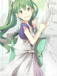 Rule 34 | 1girl, :d, bad id, bad twitter id, casual, commentary request, dress, green eyes, green hair, grey dress, hair ornament, hatsune miku, long hair, looking at viewer, open mouth, short sleeves, smile, solo, twintails, vocaloid, yoshito