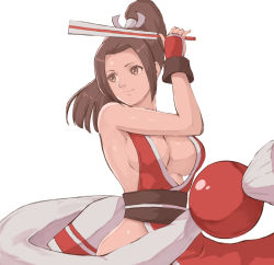 Rule 34 | 1girl, breasts, brown eyes, brown hair, cleavage, fatal fury, female focus, folding fan, hand fan, high ponytail, holding, holding fan, japanese clothes, matching hair/eyes, medium breasts, ninja, no bra, parted bangs, pelvic curtain, ponytail, popo agaga, revealing clothes, rope, shiranui mai, sideboob, sidelocks, simple background, sleeveless, smile, solo, the king of fighters, thighs, upper body, white background