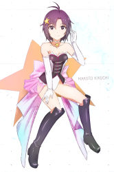 Rule 34 | 1girl, antenna hair, back bow, bad id, bad pixiv id, black footwear, boots, bow, brown eyes, character name, collarbone, cosplay, elbow gloves, gloves, hair between eyes, hair ornament, hand on lap, idolmaster, idolmaster (classic), invisible chair, jewelry, kikuchi makoto, knee boots, leotard, looking at viewer, mawaru penguindrum, necklace, ns.x, pink bow, purple hair, short hair, sitting, smile, solo, star (symbol), star hair ornament, star necklace, strapless, strapless leotard, takakura himari, takakura himari (cosplay), white background, white gloves