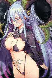 Rule 34 | 1girl, blue hair, blush, braid, breasts, cleavage, dragon girl, fang, fate (series), hair between eyes, highres, horns, large breasts, long hair, looking at viewer, meme attire, mou tama maru, multicolored hair, navel, open mouth, pointy ears, pubic tattoo, reverse bunnysuit, reverse outfit, skin fang, solo, stomach tattoo, symbol-shaped pupils, tail, tattoo, tiamat (fate), twin braids, two-tone hair, very long hair