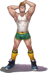 1boy armpits bara baseball_cap bulge dolphin_shorts facial_hair full_body goatee green_shorts grin hat highres looking_at_viewer male_focus mature_male midriff_peek muscular muscular_male navel_hair nipples no_pants original pectorals selkiro shoes short_hair shorts sideburns smile smug sneakers socks solo standing stomach tank_top thighs underwear underwear_only white_tank_top